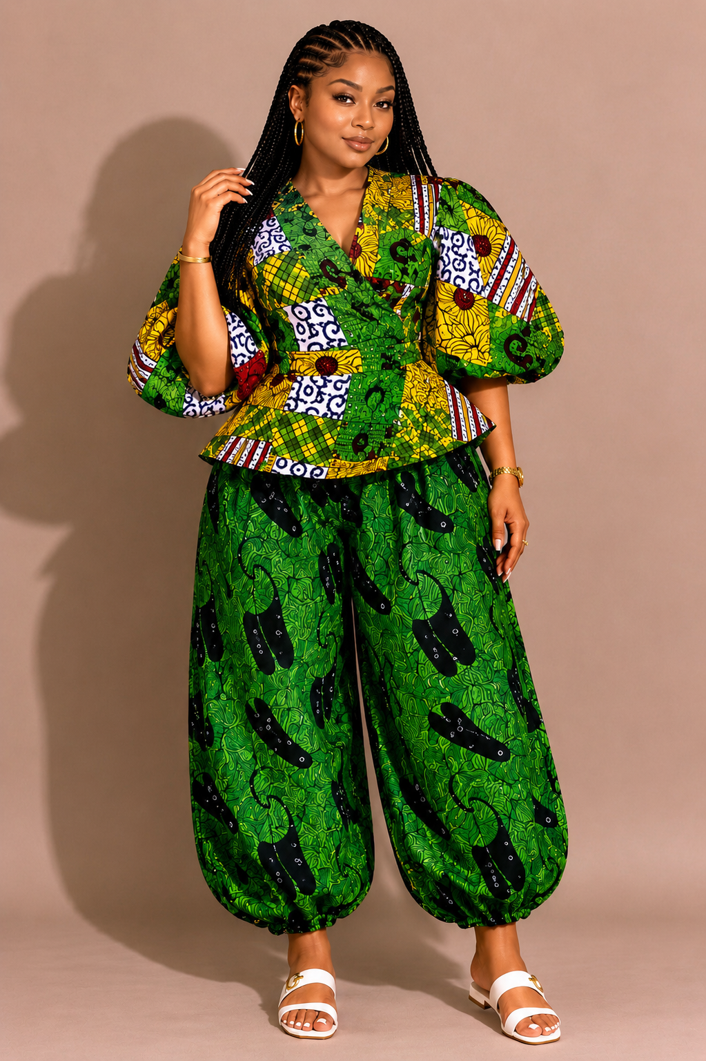 ÀFROKORÀ | African print Patchwork Peplum Wrap top and Barrel Pant