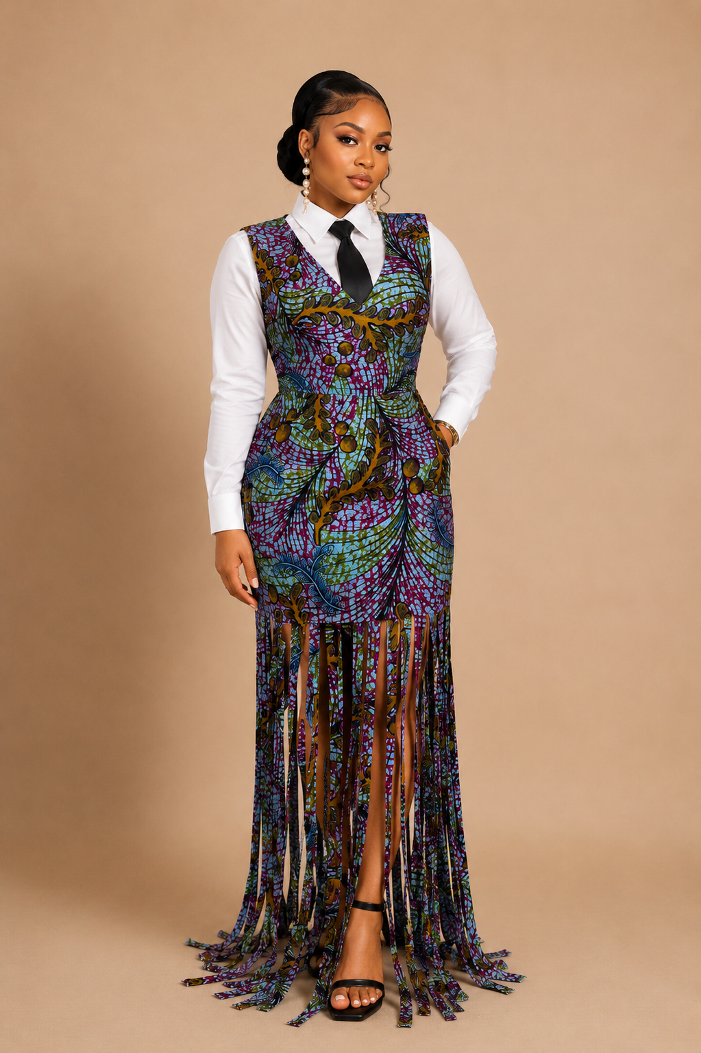 Sassy Fringe Dress with White Shirt – African Print Fringe Dress for Women
