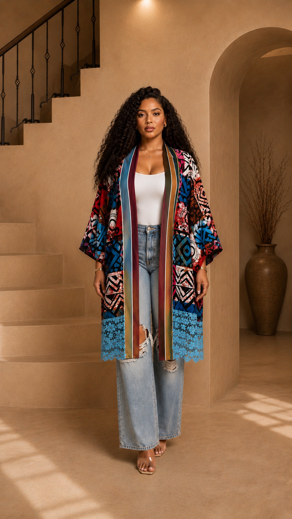 New in- African Print Lace Trim Kimono Jacket