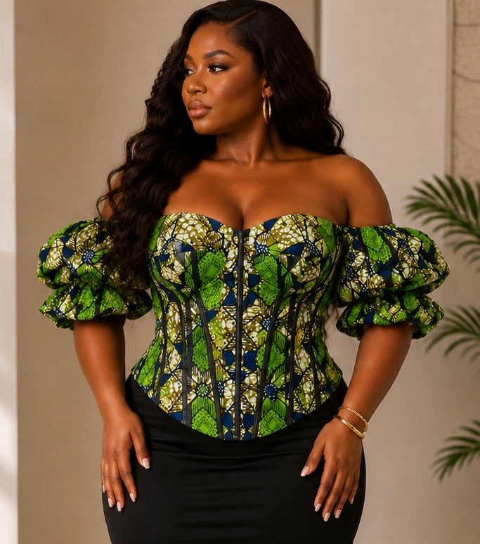 New in- African print Ankara Corset Top- Green Print