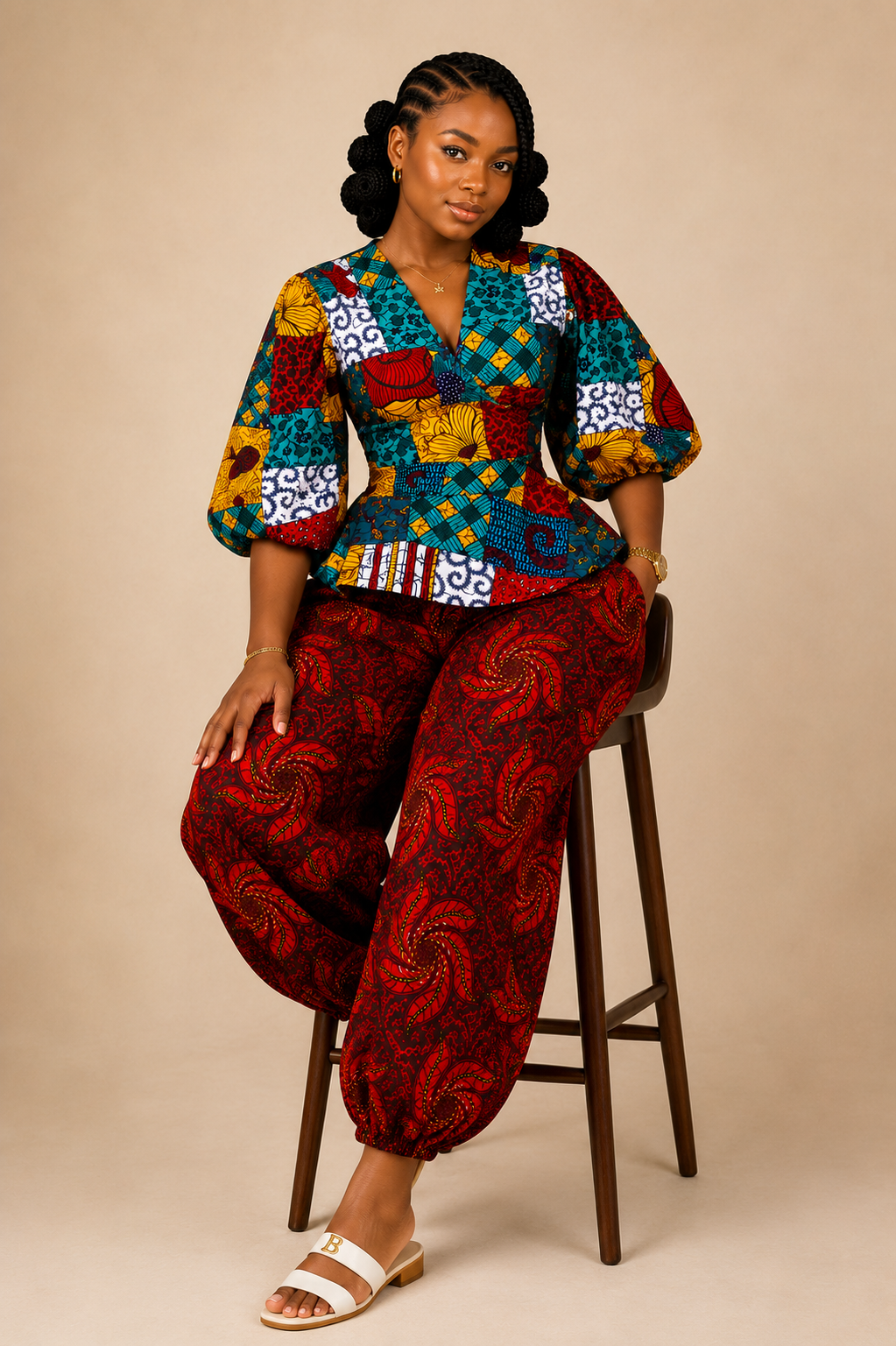 African print Patchwork Peplum Wrap top and Barrel Pant Set- Ayana set