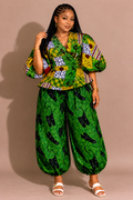 African print Patchwork Peplum Wrap top and Barrel Pant Set- Ayana set