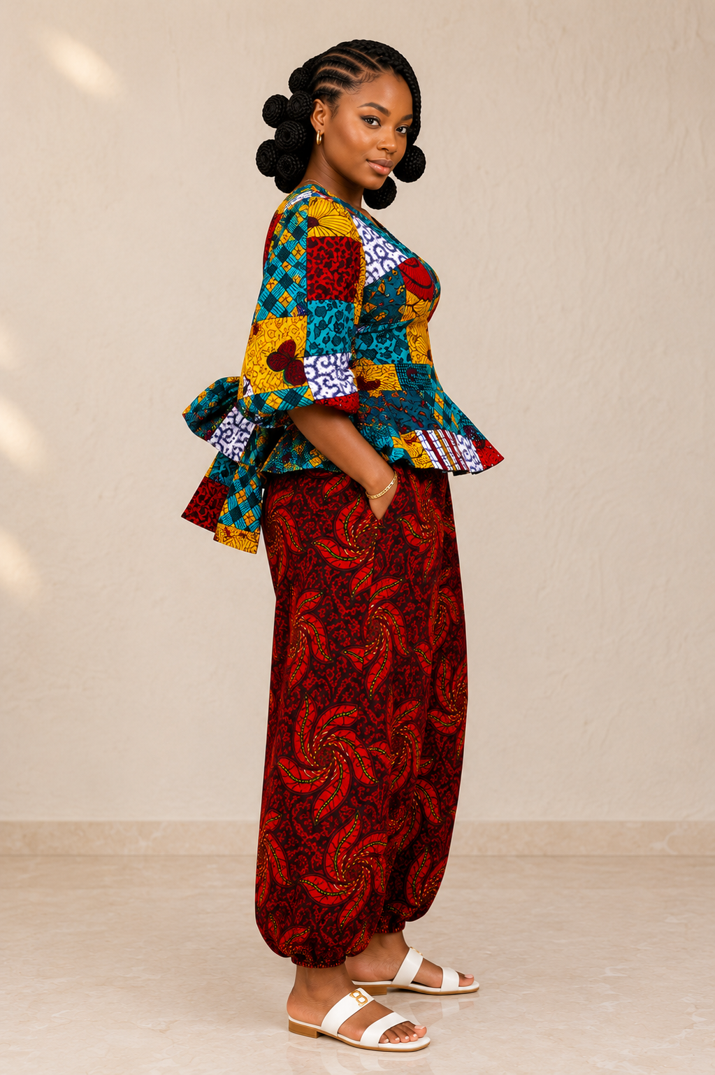 African print Patchwork Peplum Wrap top and Barrel Pant Set- Ayana set