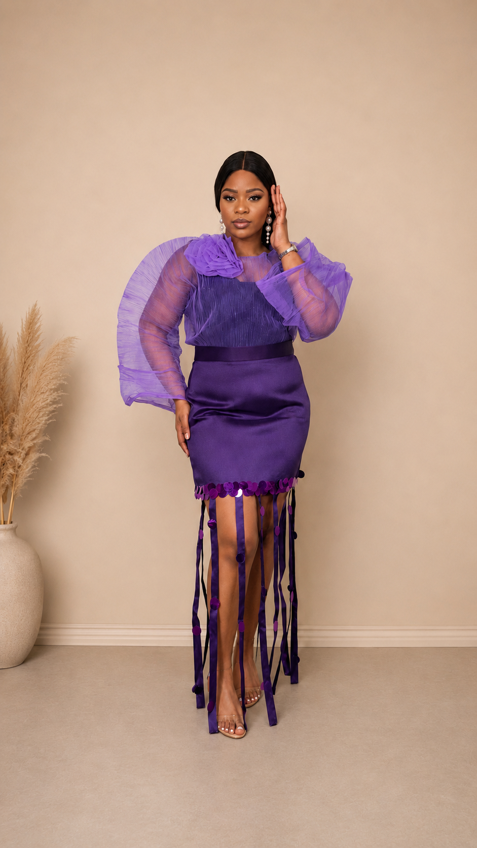 New in- OMAH Metallic Fringe Set | Luxury Satin Fringe Skirt & Top Set for Women