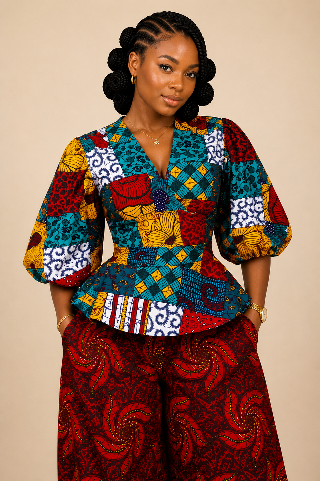 African print Patchwork Peplum Wrap top and Barrel Pant Set- Ayana set
