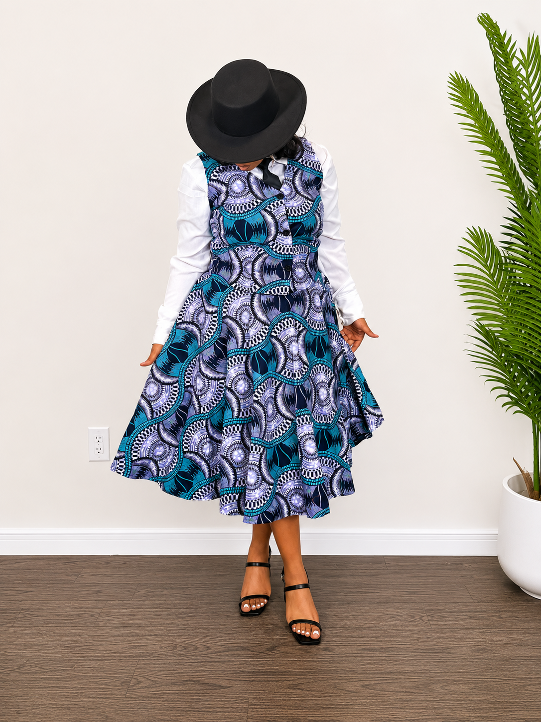 New in- Midi Flare Skirt and Waist coat set with White Shirt