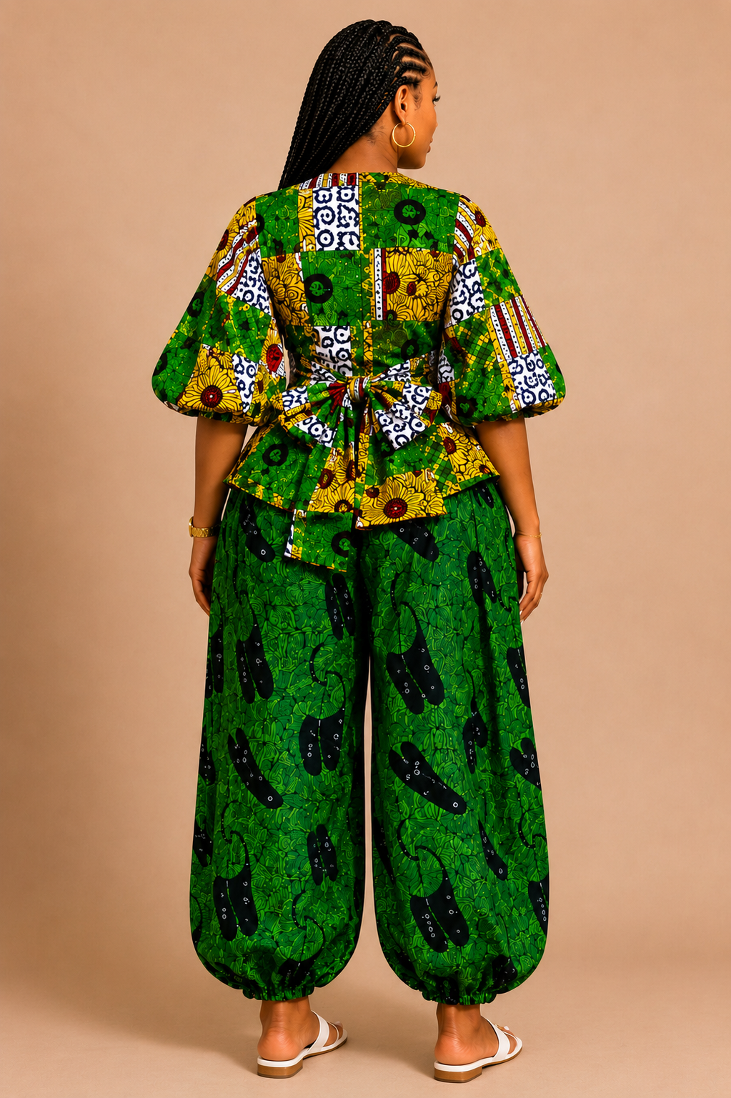 African print Patchwork Peplum Wrap top and Barrel Pant Set- Ayana set
