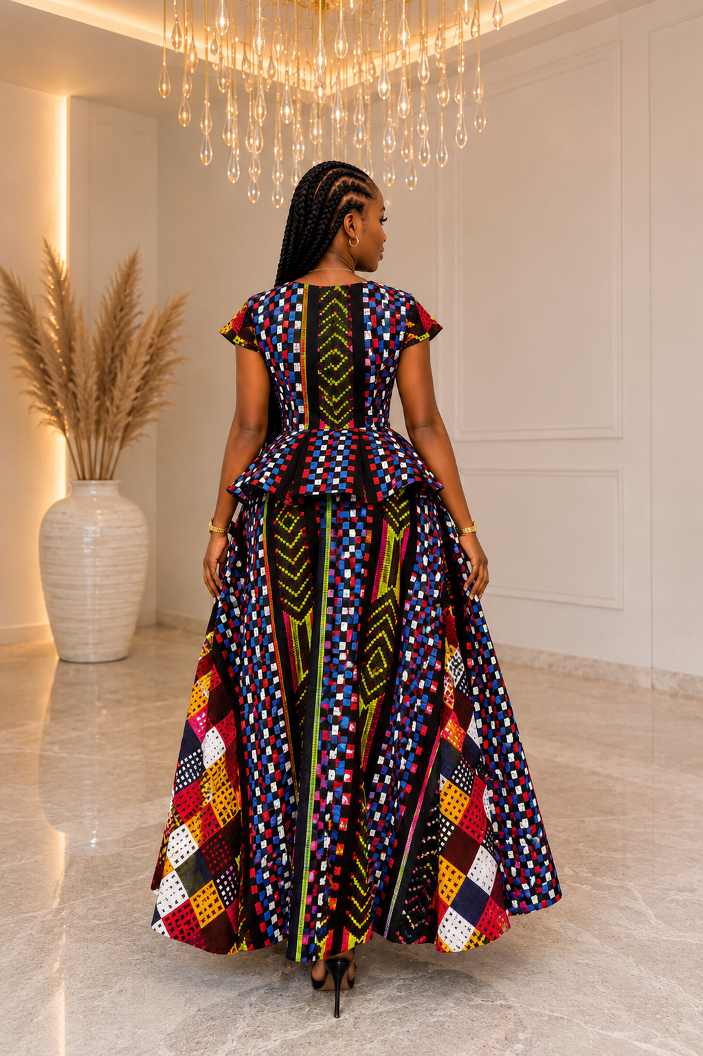 Mia Akwete Dress | Luxury African Akwete Print Peplum Maxi Dress