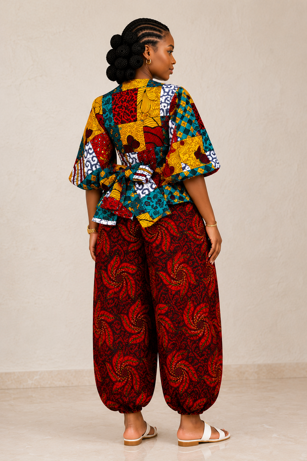 African print Patchwork Peplum Wrap top and Barrel Pant Set- Ayana set