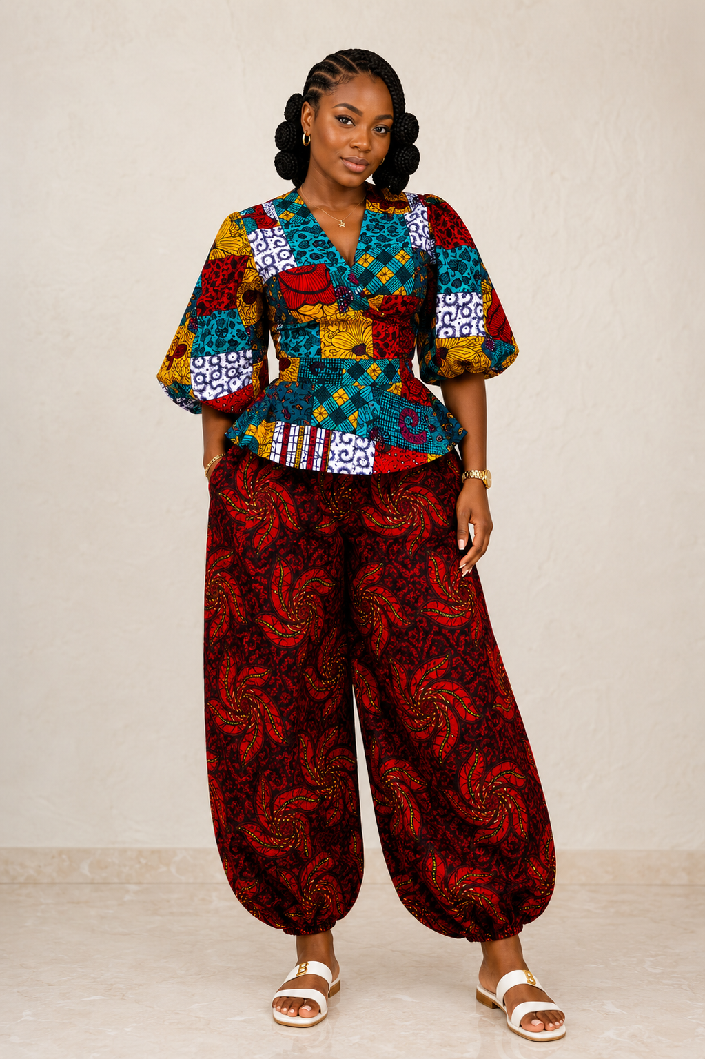 African print Patchwork Peplum Wrap top and Barrel Pant Set- Ayana set