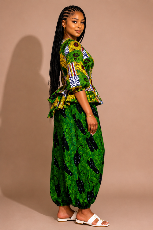 African print Patchwork Peplum Wrap top and Barrel Pant Set- Ayana set