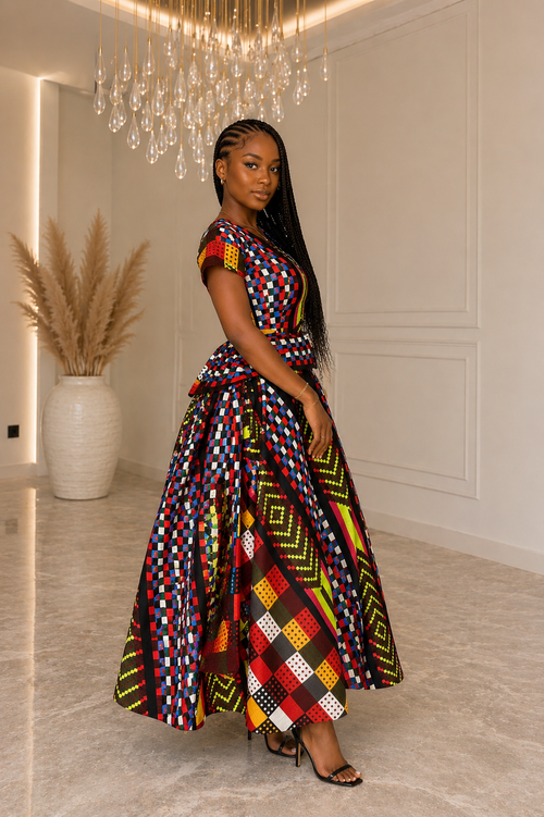 Mia Akwete Dress | Luxury African Akwete Print Peplum Maxi Dress